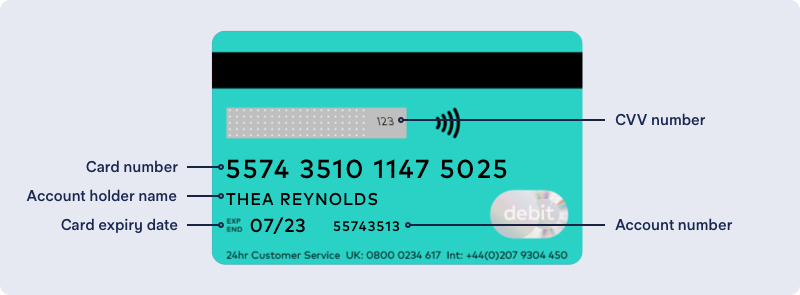 back of a starling bank card displaying CVV number, card number, account holder name, card expiry date and account number
