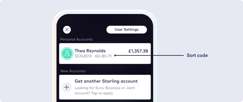 Starling bank app screen showing personal accounts and arrow to the sort code